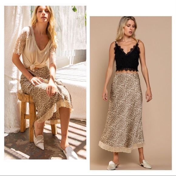 LEOPARD Print Maxi Skirt with Scalloped Lace Hem - Picture 1 of 16